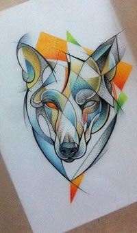 欧美彩色狐狸school纹身图案手稿