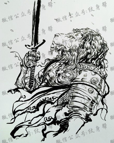 传统狮子战士纹身图案手稿