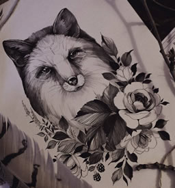 欧美小清新黑灰狐狸花卉纹身图案手稿