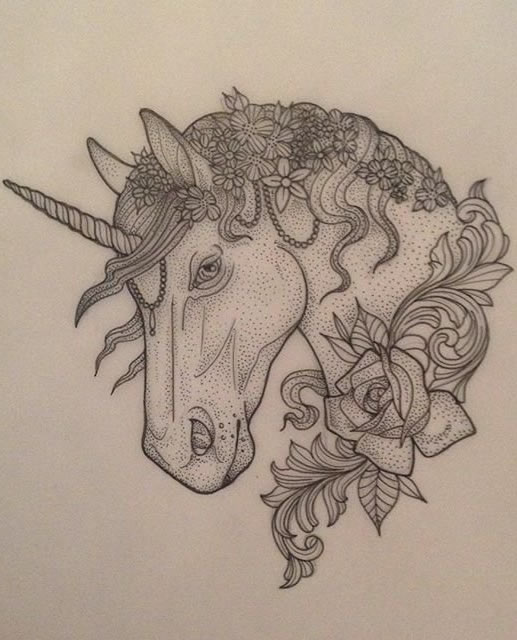 欧美独角兽花卉点刺纹身图案手稿