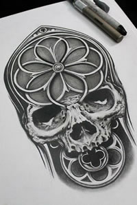 欧美骷髅头饰纹身图案手稿