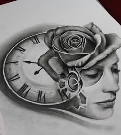 欧美时钟玫瑰女郎纹身图案手稿