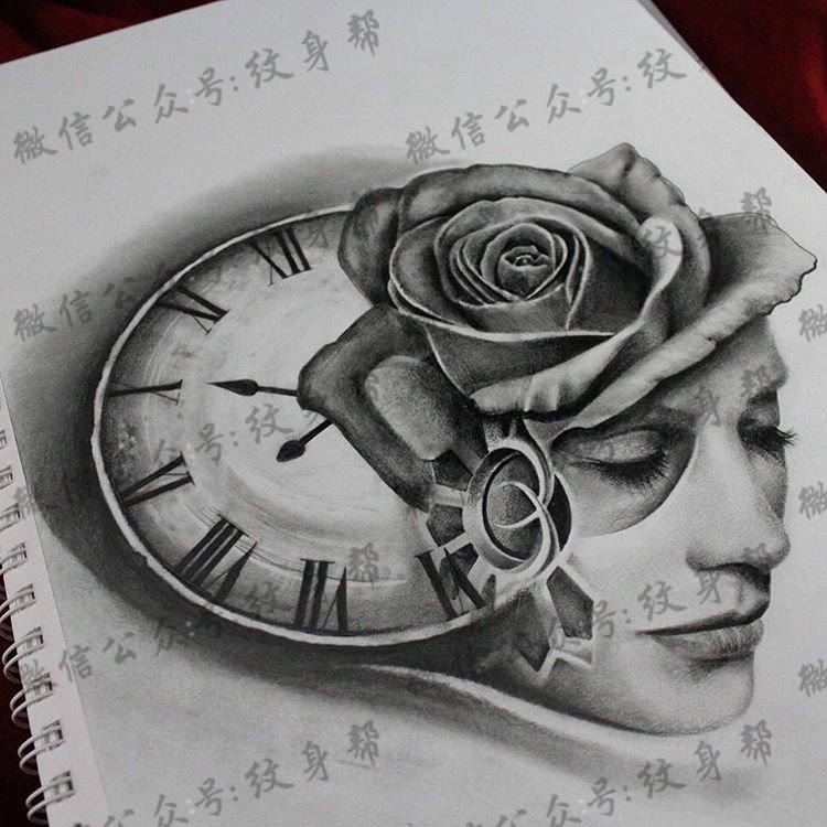 欧美时钟玫瑰女郎纹身图案手稿