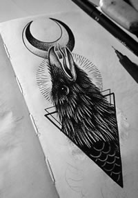 欧美暗黑系乌鸦月亮点刺纹身图案手稿