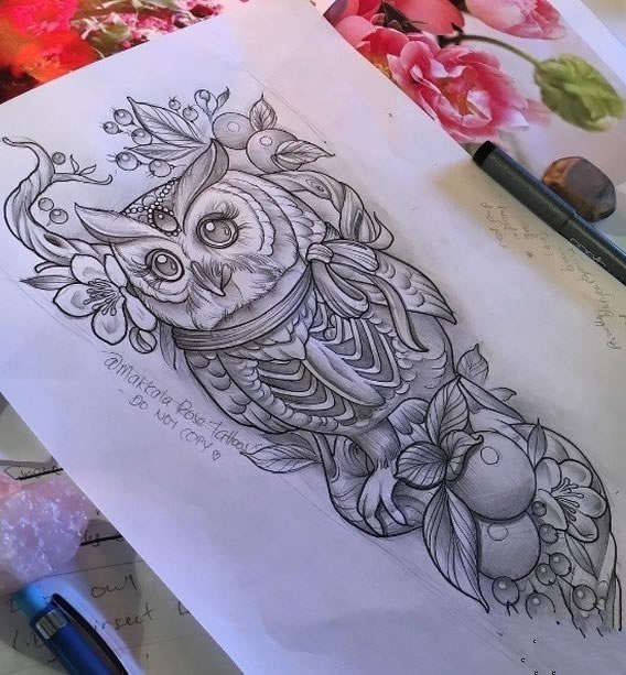 欧美猫头鹰果实黑灰纹身图案手稿