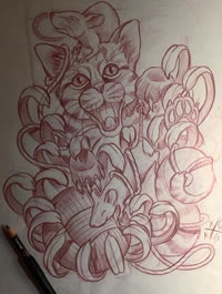 school猫菊花纹身图案手稿