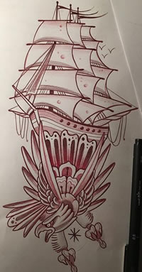 欧美school帆船老鹰纹身图案手稿