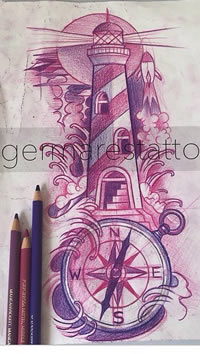 灯塔时钟纹身图案手稿