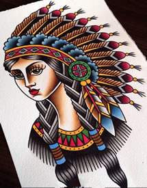 old school彩色印第安女郎纹身图案手稿