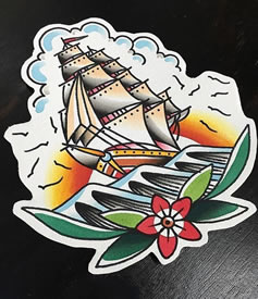 old school 帆船彩色纹身图案手稿