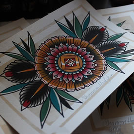 欧美old school彩色花纹身图案手稿