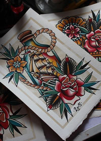 old school 彩色欧美水瓶玫瑰纹身图案手稿