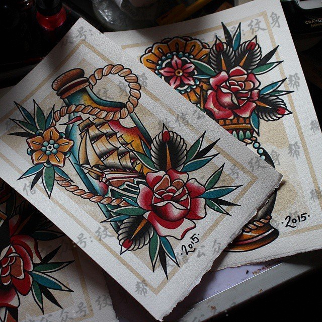 old school 彩色欧美水瓶玫瑰纹身图案手稿