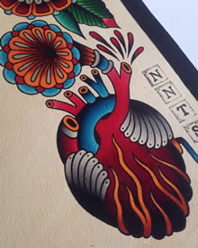 old school 彩色纹身欧美心脏图案手稿