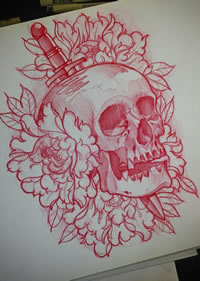 欧美骷髅牡丹匕首纹身图案手稿