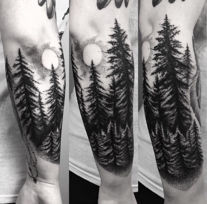 森林树木纹身图案_一组手臂上黑灰树木森林纹身图案作品
