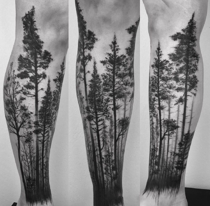 森林树木纹身图案_一组手臂上黑灰树木森林纹身图案作品