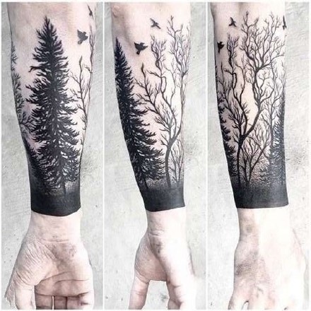 森林树木纹身图案_一组手臂上黑灰树木森林纹身图案作品