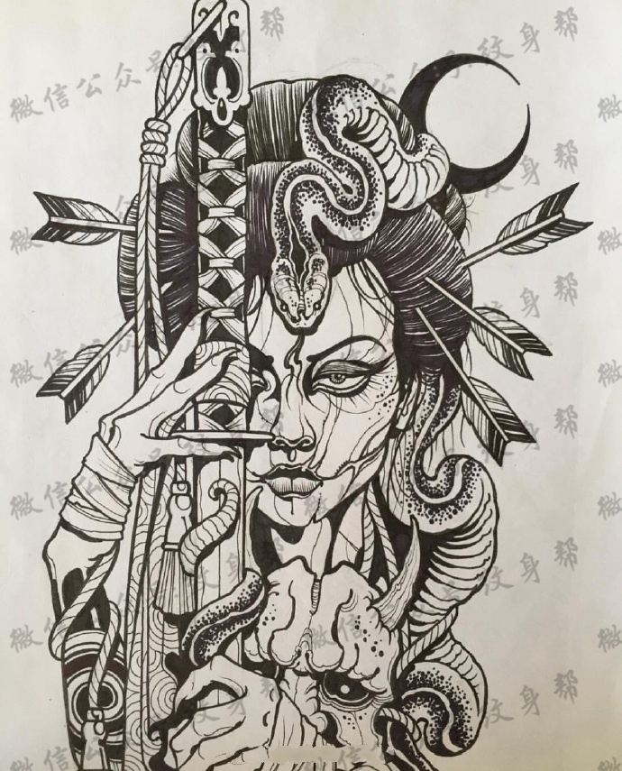 一组9张超狠的彩色纹身手稿图案欣赏