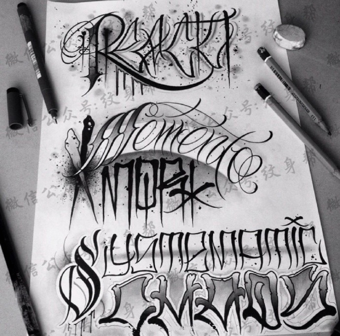 奇卡诺字体手稿_一组漂亮的奇卡诺花体字纹身图案手稿