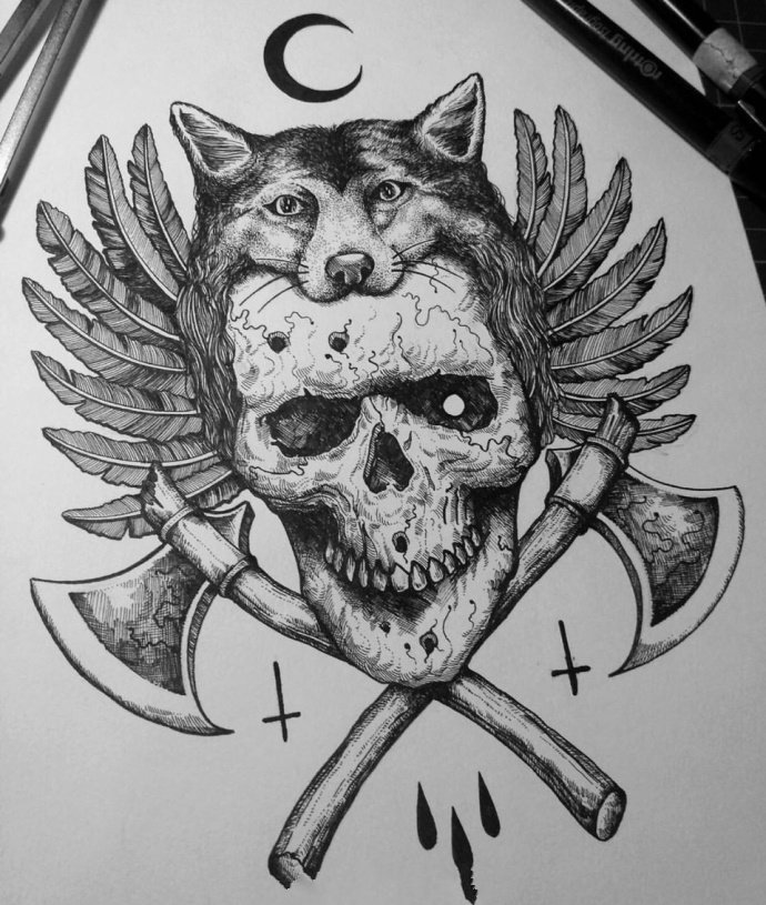 暗黑骷髅纹身手稿图案-暗黑系风格的骷髅纹身手稿图片