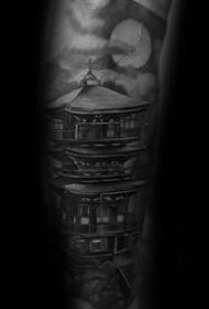 手臂纹身-宏伟壮丽的素描手臂塔纹身图案