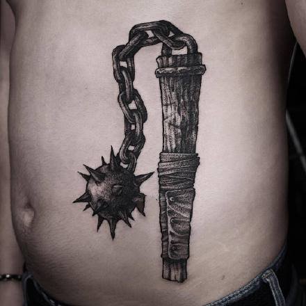 点刺钝器物品纹身--一组黑灰点刺刀斧匕首等石器工具的纹身图案