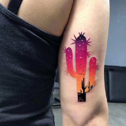 一组彩色风景元素的小清新水彩纹身图案作品