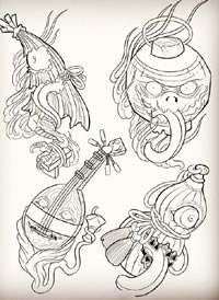 一组传统风格的纹身线稿图案