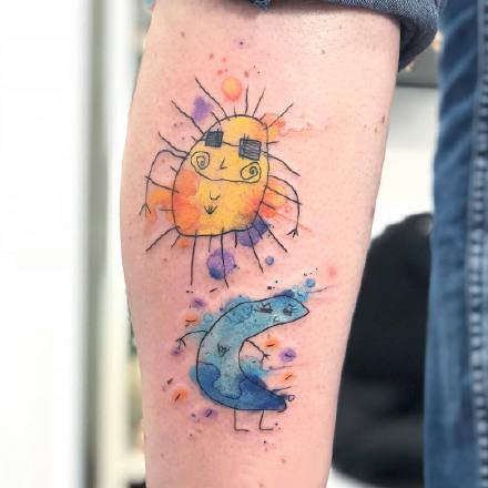 水彩卡通纹身--手臂和腿部色彩艳丽的水彩色卡通纹身图案