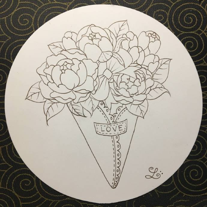 9张几何圆形里的小清新花卉纹身线稿图片