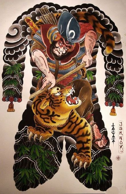霸气的老传统彩色大满背手稿纹身图案6张