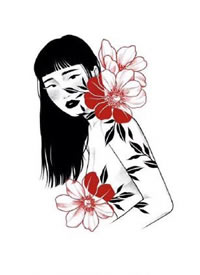 黑白女性和花朵的简约纹身线稿图案