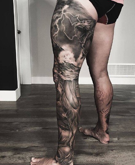 花腿纹身--一组大黑腿纹身图案作品欣赏