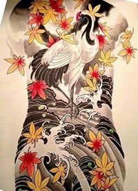 一组老传统风格的满背日式纹身手稿图案