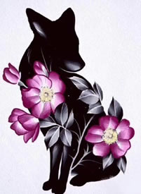 粉黑色的花朵和动物组成的纹身手稿图案