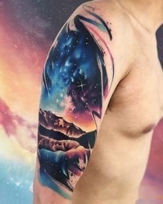 一组炫彩色星空星球宇宙相关的纹身图案作品