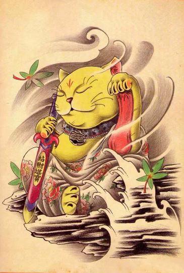 30张招财猫的彩色纹身手稿图案