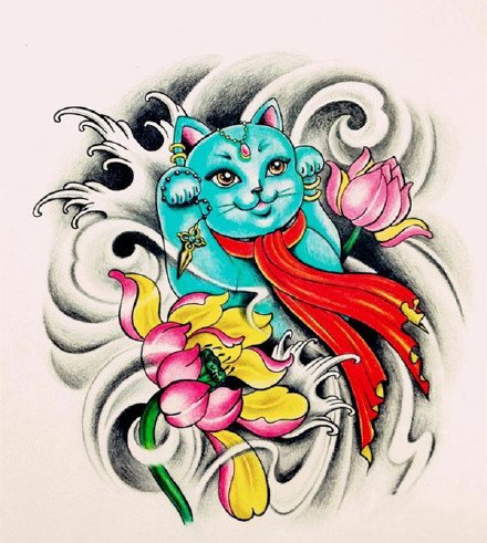 30张招财猫的彩色纹身手稿图案