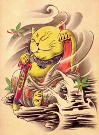 30张招财猫的彩色纹身手稿图案