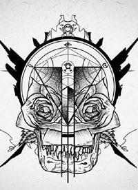 创意十足的几何+骷髅的黑色线稿纹身手稿图案