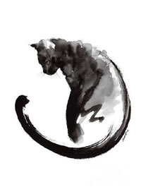 黑色的中国风水墨猫纹身手稿图案欣赏