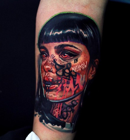 另类风格的彩色写实女性人像纹身图案作品