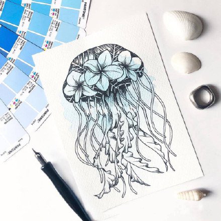 蓝色调风格的一组创意简约纹身手稿图案