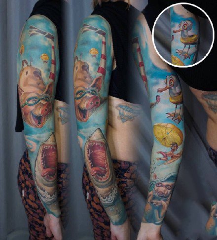 电影角色的彩色花臂花腿new school风格的纹图案