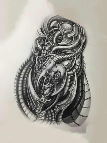 23张3d机械骨骼纹身手稿图案