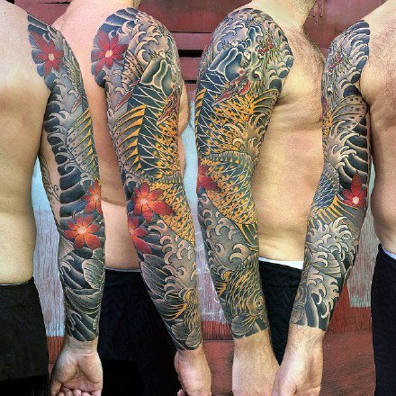 漂亮传统风格的一组花臂纹身图案作品