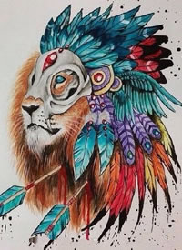 结合印第安部落元素的动物狼和狮子等纹身手稿图案