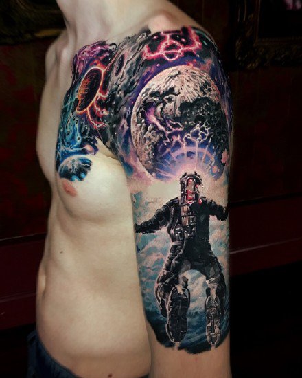 科幻风格的宇宙星空外星人等元素的纹身图案