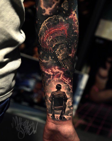 科幻风格的宇宙星空外星人等元素的纹身图案